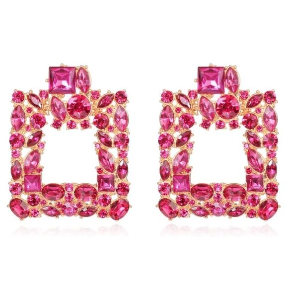 Yellow Gold with Pink Tourmaline and Sapphire Crystal Geometric Square Earrings - Picture 1 of 6